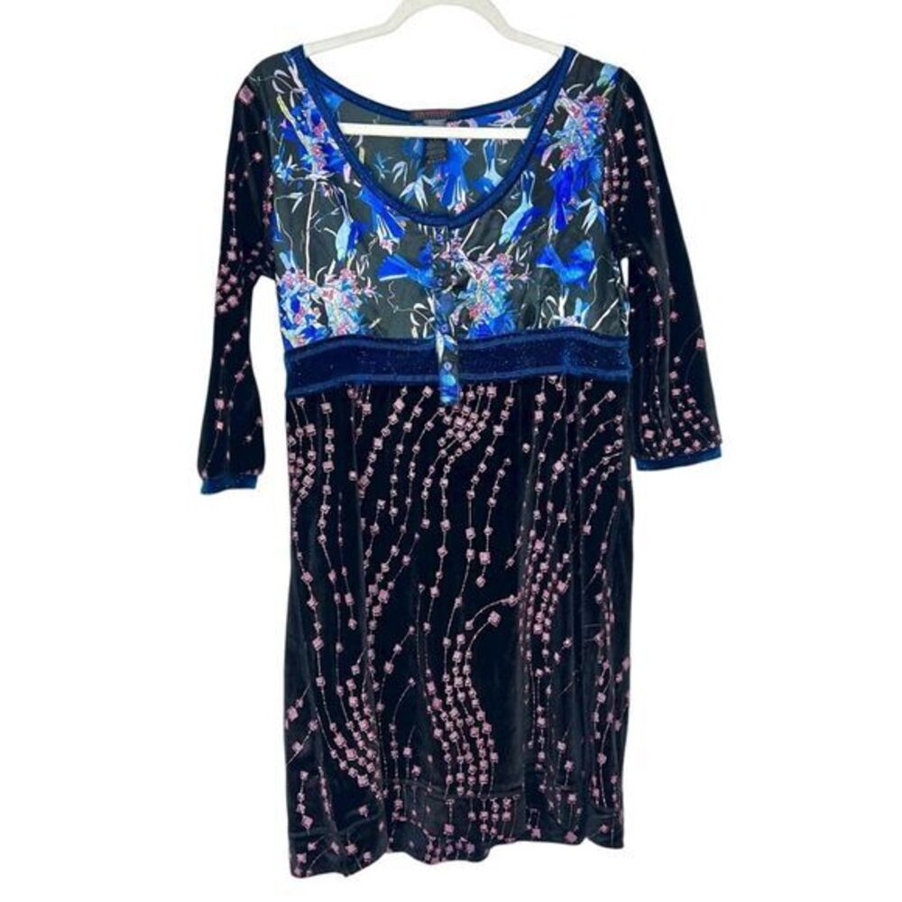 Custo Barcelona Dress Womens Small Black Blue Velvet Satin Bird Floral Mini y2k
